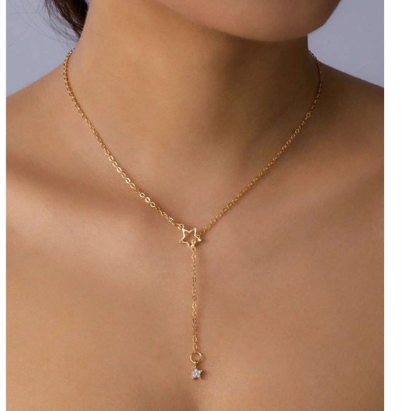 Luxe Stainless Steel Rhinestone Star Lariat Pull Necklace - Picture 2 of 7
